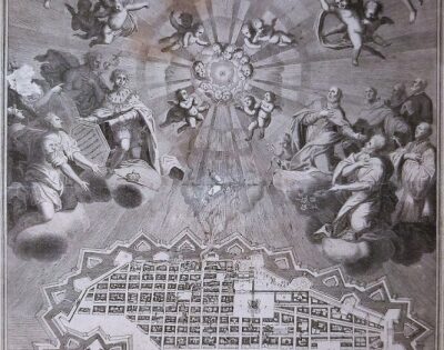 TORINO. S. Sindone in gloria di angeli, il miracolo eucaristico, i Santi protettori di Torino e pianta della città.