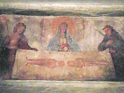 CAVOUR (To). Pittura murale in via Giovanni Giolitti “Lenzuolo della Sindone, Maria SS., San Giovanni Battista, Sant’Antonio da Padova.