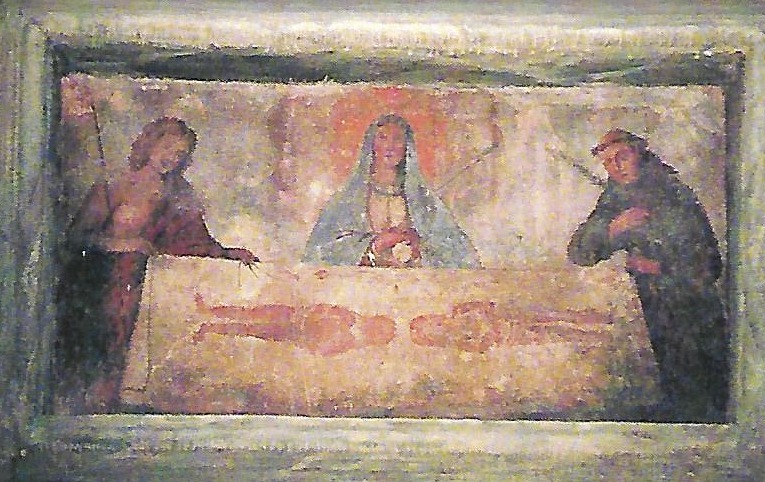 CAVOUR (To). Pittura murale in via Giovanni Giolitti “Lenzuolo della Sindone, Maria SS., San Giovanni Battista, Sant’Antonio da Padova.