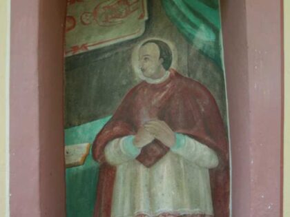 CONDOVE (To), fraz. Mocchie. Pilone della Madonna delle Grazie, San Carlo Borromeo in preghiera davanti alla Sindone.