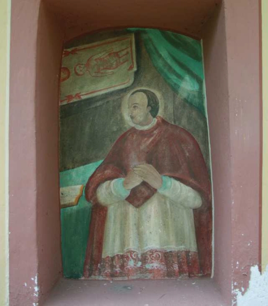 CONDOVE (To), fraz. Mocchie. Pilone della Madonna delle Grazie, San Carlo Borromeo in preghiera davanti alla Sindone.