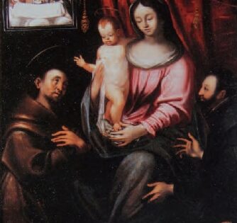BIELLA. Santuario di Oropa. Madonna con Bambino con tabelka votiva con Ostensione della Sindone.